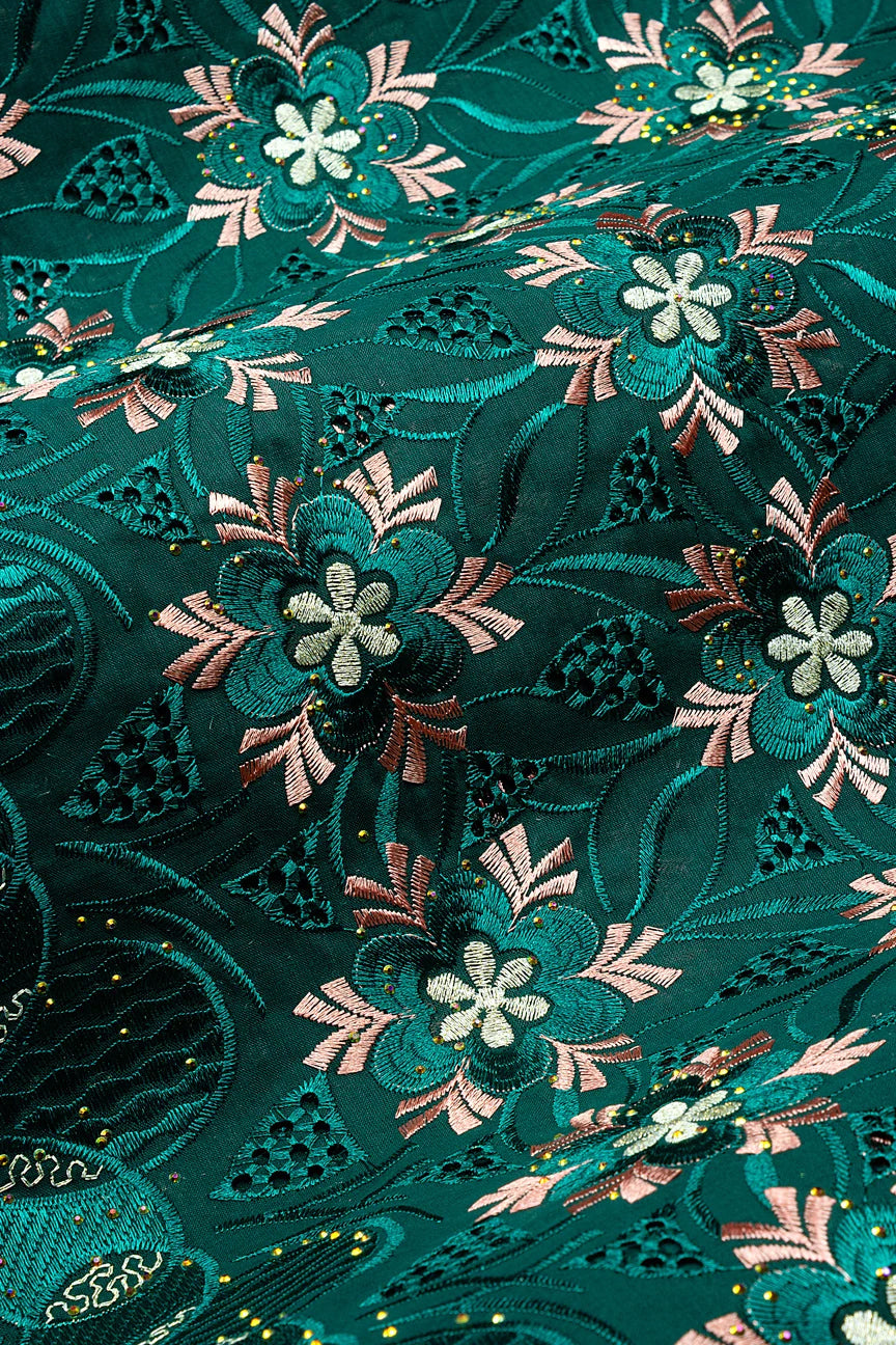 Voile Lace in Bottle Green, Teal, Peach & Gold - VL647