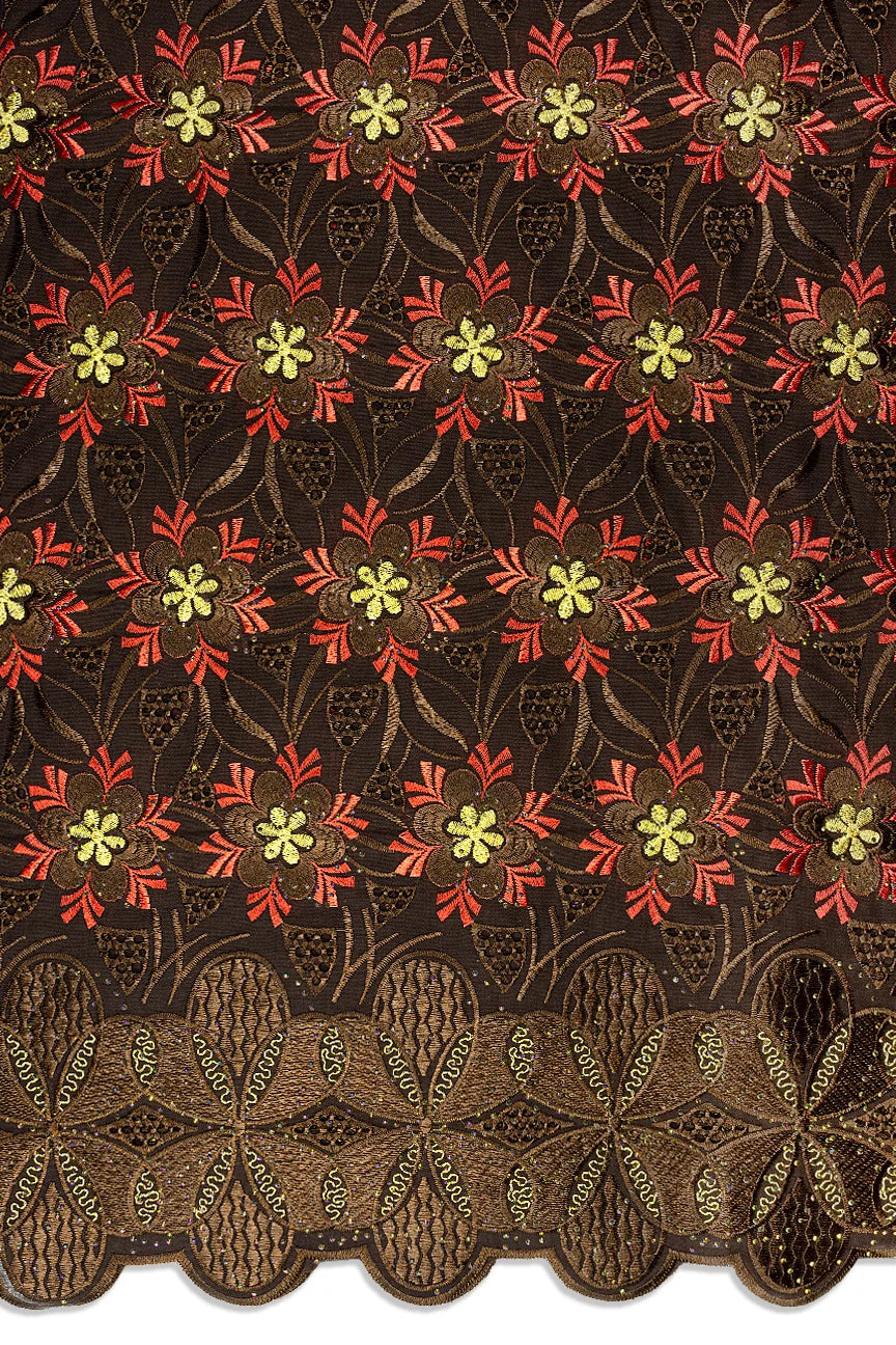 Voile Lace in Chocolate Brown, Red & Gold - VL648