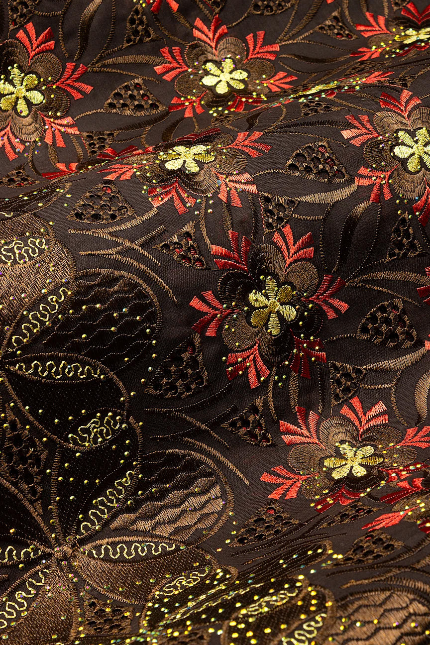 Voile Lace in Chocolate Brown, Red & Gold - VL648