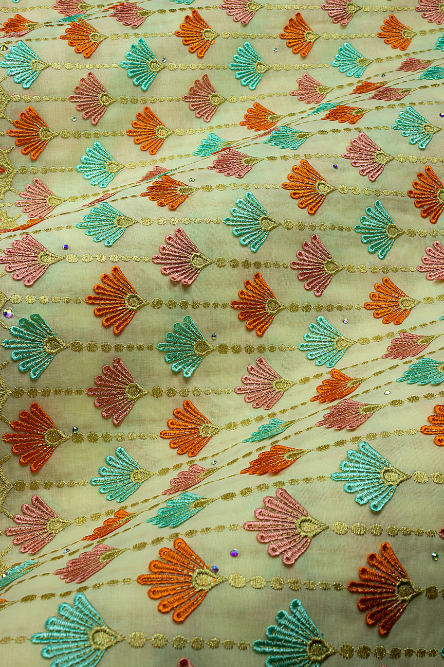 Voile Lace in Cream, Aqua & Orange - VL679