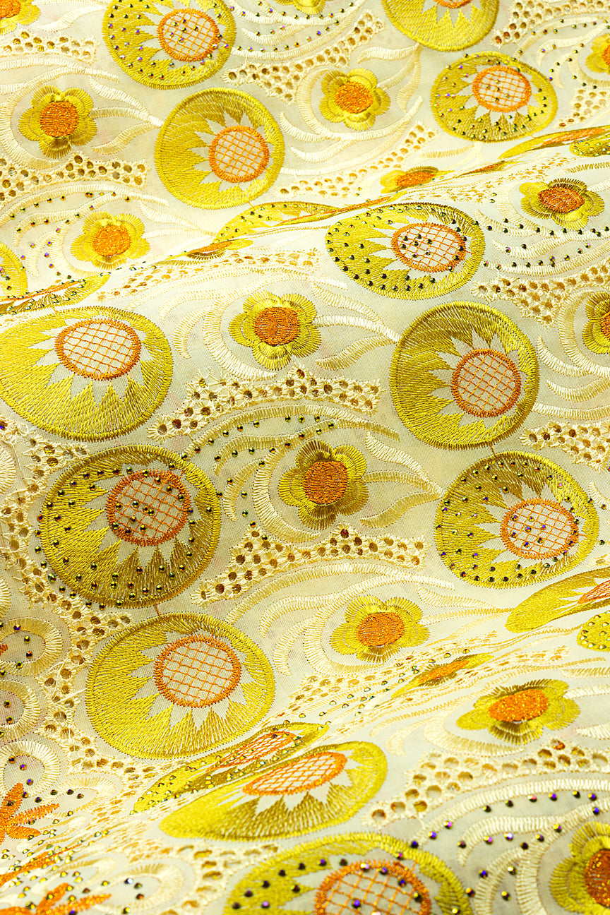 Voile Lace in Cream, Light Gold & Orange - VL636